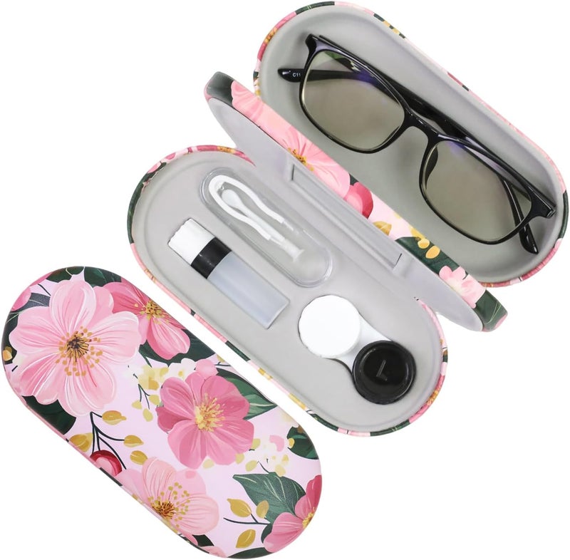 FlyingMage Store 2 in 1 Contact Lens Case and Eyeglasses Case for Women Men Kids, Double Sided Hard Shell Portable Glasses Travel Holder with Built-in Mirror, Contact Lens Box Storage Kit (Pink Flower) - Image 1
